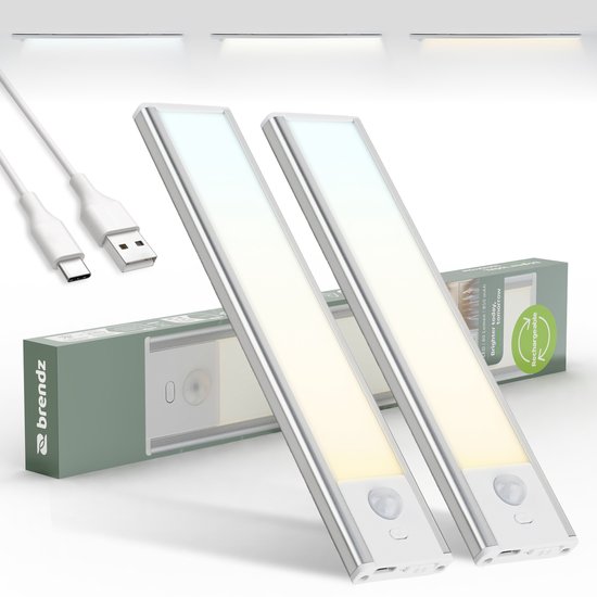 Brendz LED Kastverlichting met bewegingssensor, 2 x 20 cm, USB-C Oplaadbaar, Dimbaar, Magnetisch, 3 Kleurtemperaturen, Draadloos, Kastverlichting op Batterij, Zilver