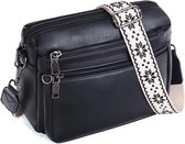 Dames Schoudertas - Crossbodytas Dames - Zwart Vegan Leer - Tas met Brede Verstelbare Schouderband - Trendy Crossbodytasje voor Reis en Dagelijks Gebruik - 22.5 x 10 x 19 cm