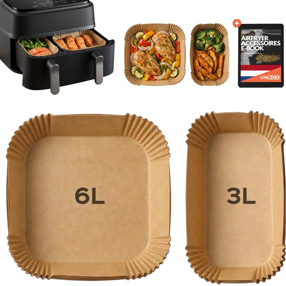 UNBOX Airfryer Bakpapier - Airfryer Accessoires - Bakpapier Airfryer - Airfryer Bakjes voor Philips Dual Airfryer - Bakpapier voor Philips Airfryer 3000/5000 Series - Airfryer Bakjes - 100 Stuks