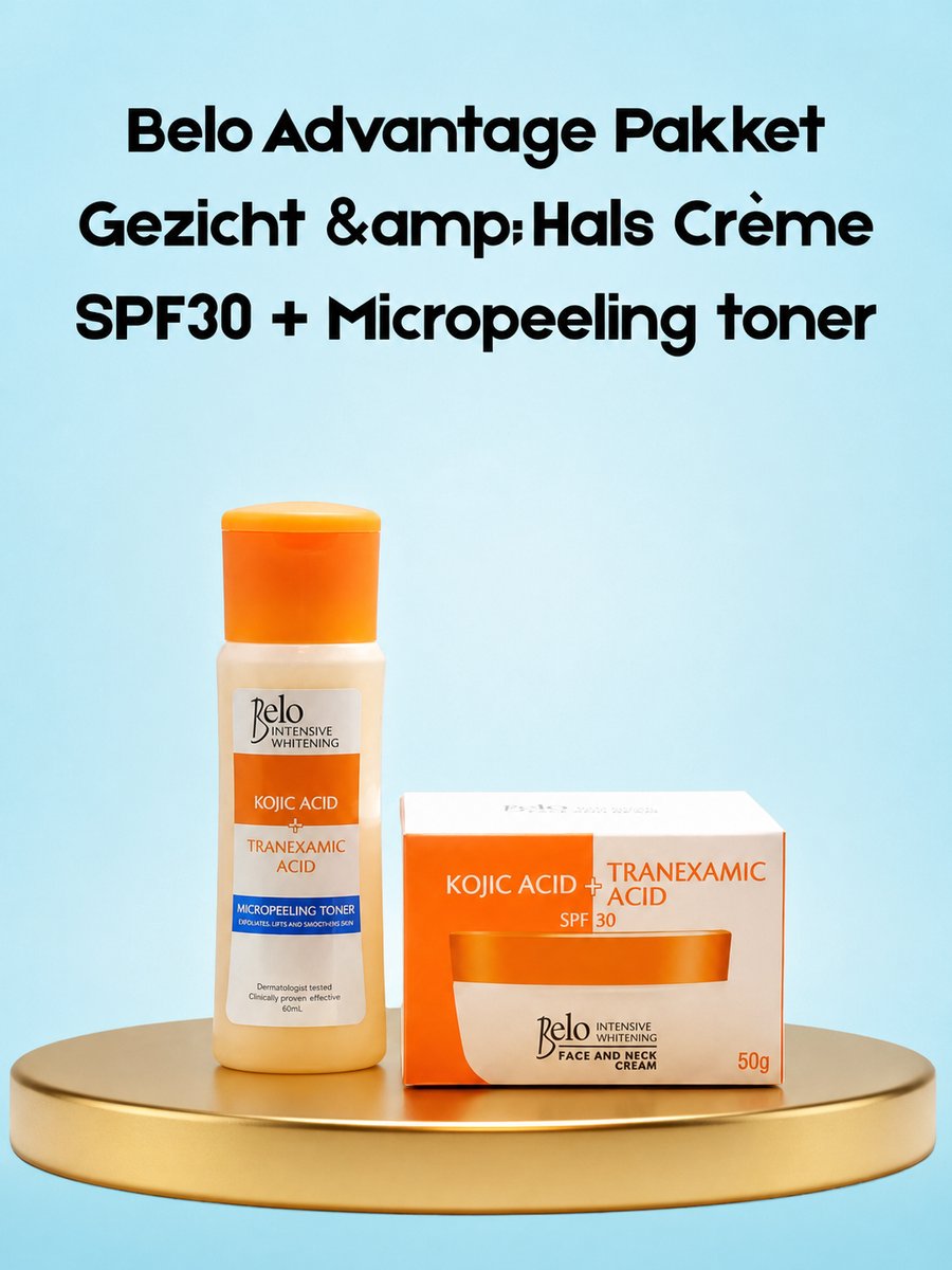 Belo Value Pack Kojic Acid + Tranexaminezuur Micropeeling Toner 60 ml + Zeep 65 g – Verhelderende & Exfoliërende Set – Helpt Donkere Vlekken te verminderen, Egaliseert de Huidtint & Zorgt voor een Gladde, Stralende Huid