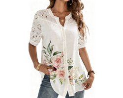 Elegante Dames Blouse - Chique - Bloemen - Wit - Zomer - Korte Mouwen - Lang