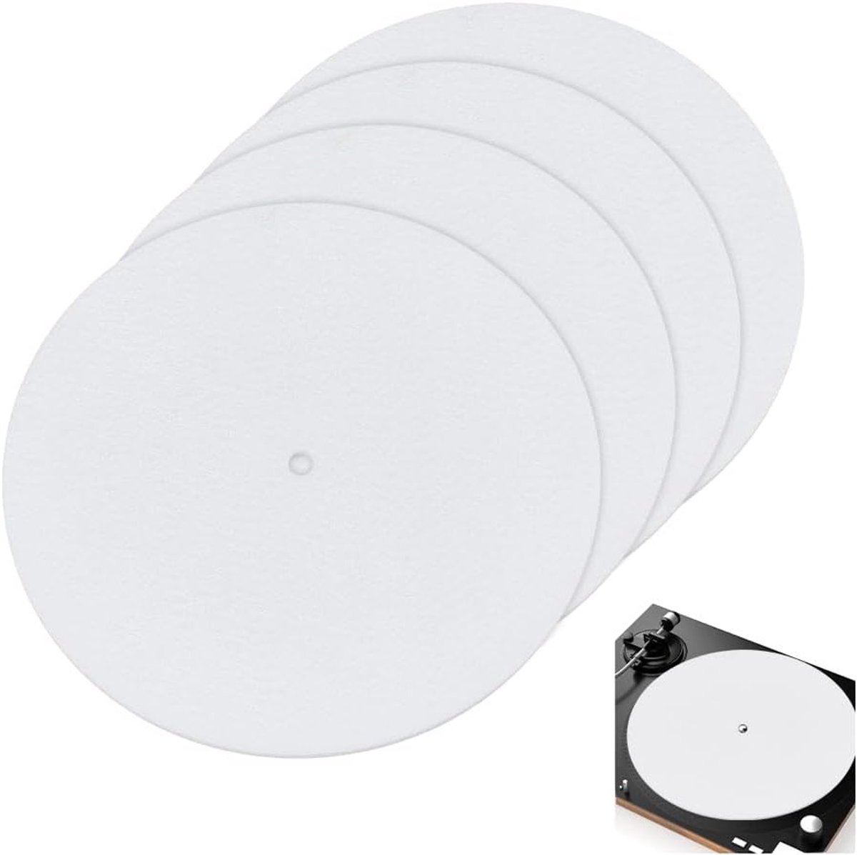 4 Stuks Draaimat 18.5 cm van Silicone en Vilt voor Thuis Platenspeler, Wit, Antislip en Geluidsabsorberend