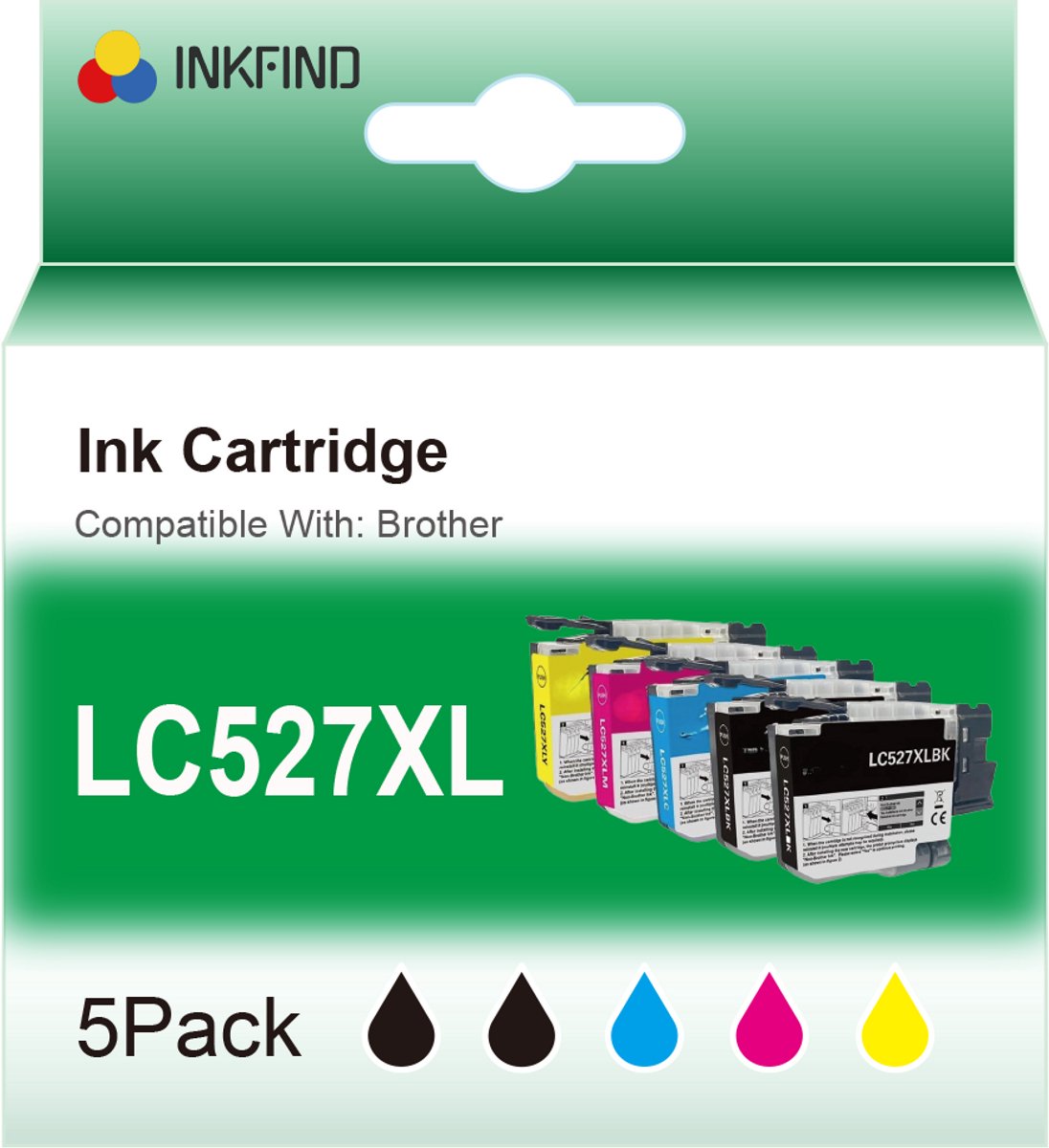 INKFIND LC527XL Zwart/Zwart/Cyaan/Magenta/Geel inktcartridge compatibel met Brother LC527XL LC-527XL LC527VAL Multipack van 5 stuks (Zwart x 2, Cyaan x 1, Magenta x 1, Geel x 1) geschikt voor Brother MFC-J4350DW/J4550DW - 5-pack BK+BK/CMY