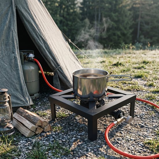 Zwarte gietijzeren wokbrander met oranje gasslang, buiten naast een tent, met een pan met kokende vloeistof erop.