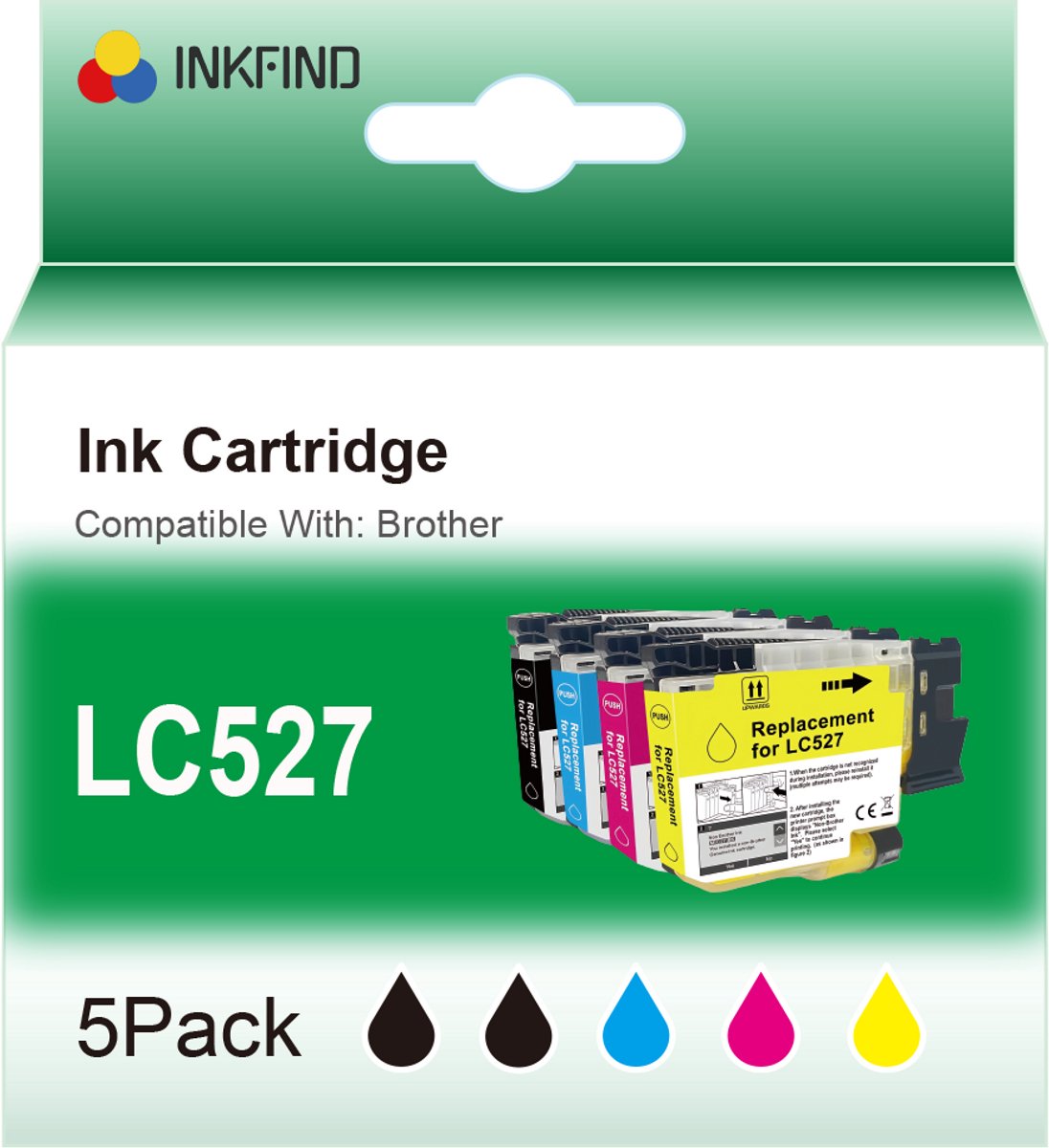 INKFIND LC527 Zwart/Zwart/Cyaan/Magenta/Geel inktcartridge compatibel met Brother LC527 LC-527 LC527VAL Multipack van 5 stuks (Zwart x 2, Cyaan x 1, Magenta x 1, Geel x 1) geschikt voor Brother MFC-J4350DW/J4550DW - 5-pack BK+BK/CMY