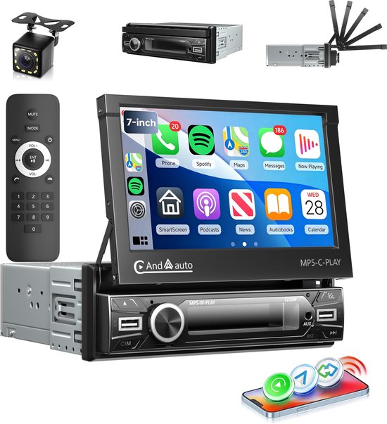 ESSGOO 1Din Autoradio - 7 Inch IPS HD Elektrisch Klapscherm - Apple Carplay & Android Auto (Draadloos) - Bluetooth, Aux, USB, SD & MP5 - 12 LEDs Achteruitrijcamera