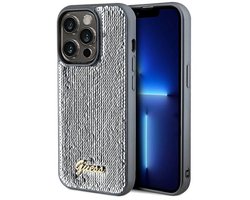 Guess Sequin Script Metal - iPhone 14 Pro Max Hoesje - Sieradenstijl - Glimmend Zilver - Hardcase