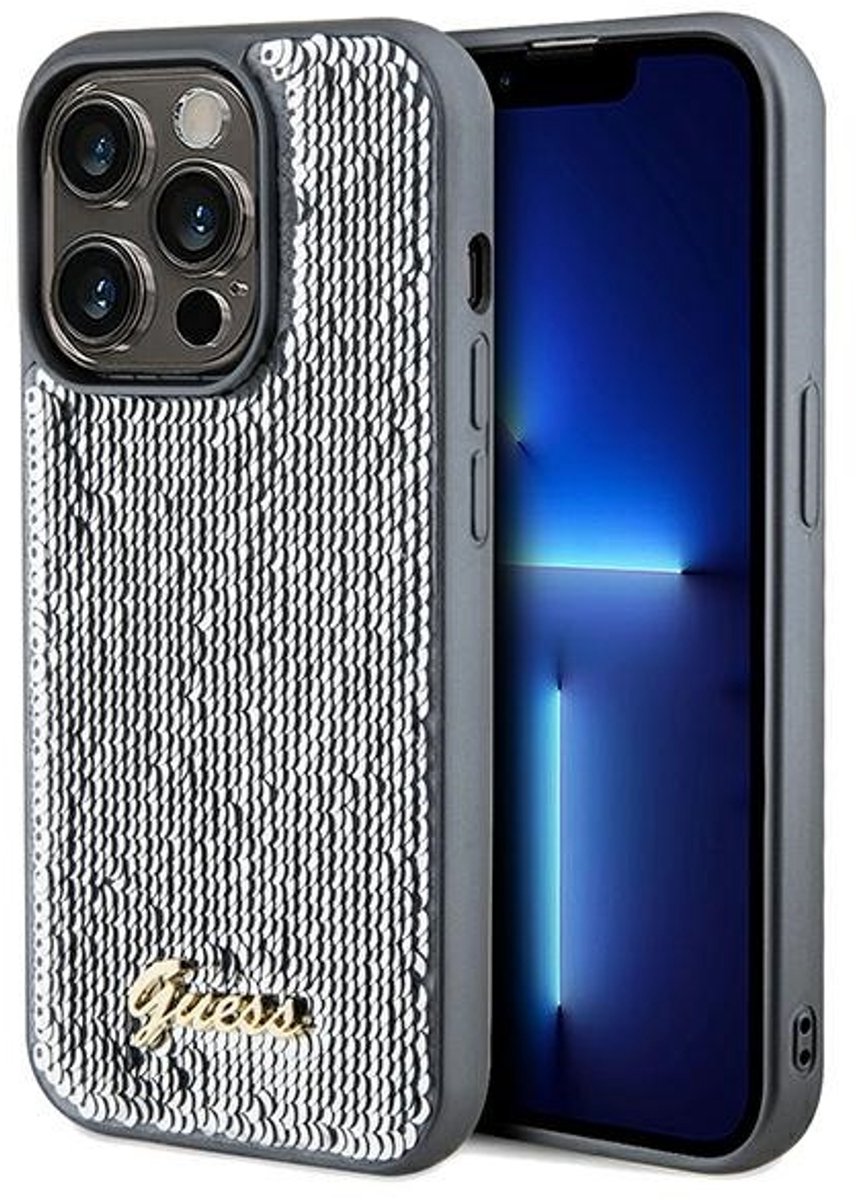 Guess - Sequin - Script Metalen hoesje voor iPhone - 14 - Pro - Max - zilver