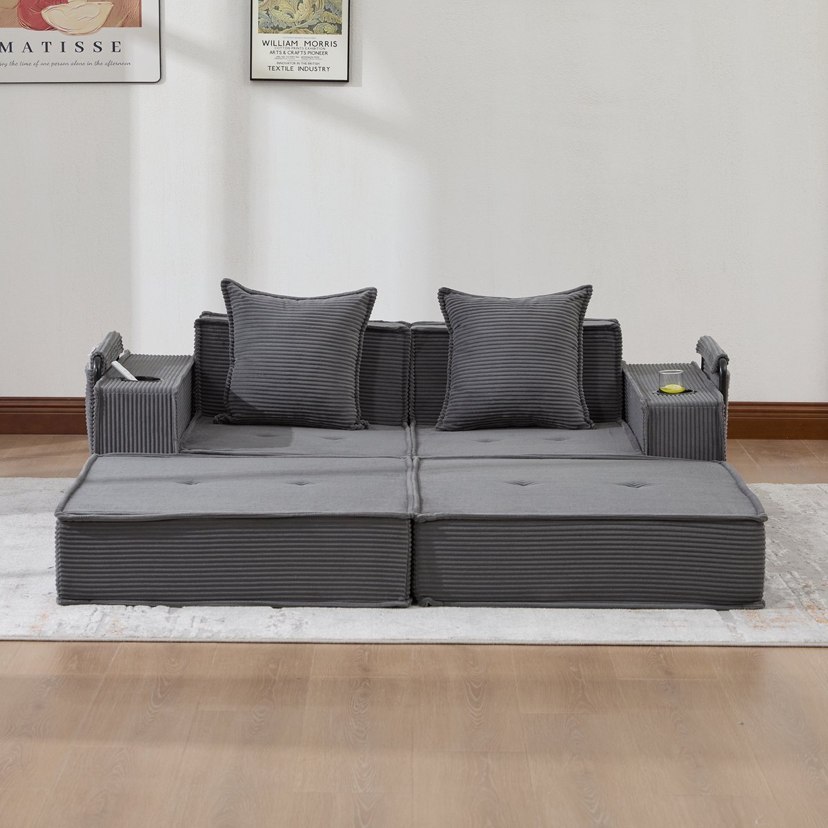 MODFU 2-Zitsbank - Met Zijvakken En 2 Kussens - Scandinavisch - Voor Leeshoek - Ribstof - Donkergrijs - 162 X 78 X 66 Cm