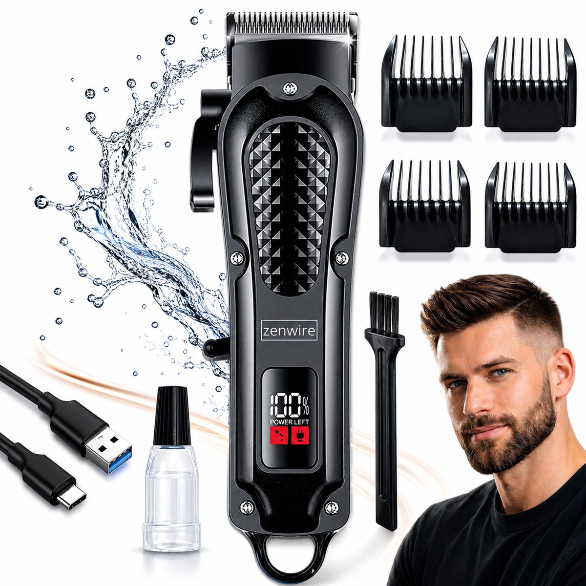 DRAADLOZE TRIMMER EN SCHEERAPPARAAT VOOR BAARD EN HAAR 0 mm LED PRO BARBER Zenwire 806S