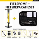 Detailopname van een fietspompkop met twee openingen en een diagram dat de aansluiting op Schrader en Presta/Dunlop ventielen laat zien.
