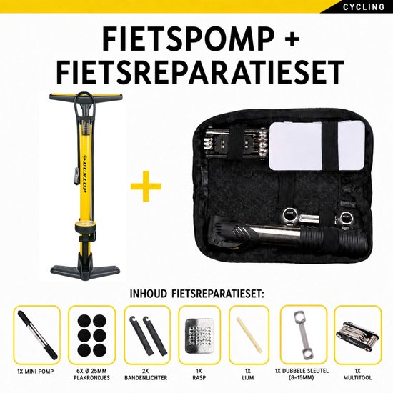 Detailopname van een fietspompkop met twee openingen en een diagram dat de aansluiting op Schrader en Presta/Dunlop ventielen laat zien.