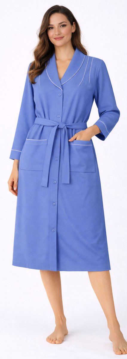 Dames lange ochtendjas (Peignoir ) van Eskimo met knoopsluiting wafelstof Blauw - maat S