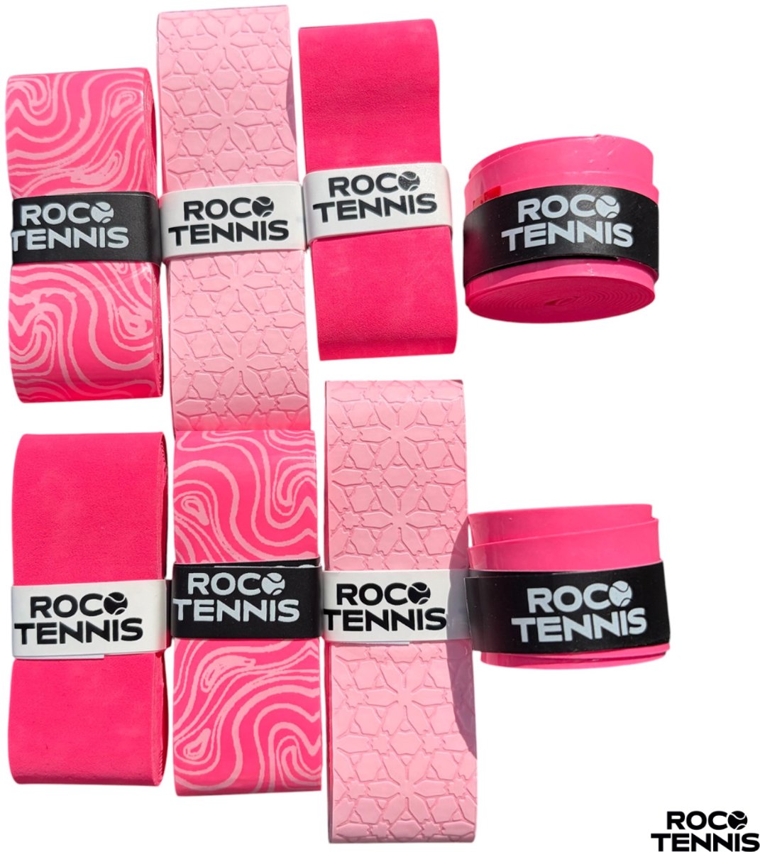 8 stuks | Roco Tennis Overgrips | Antislip | Dry | Zweetabsorberend | Uniek Patroon | Tennis | Padel | Badminton | Squash | Overgrip | Tennisgrips | Soft | Zacht | Roze