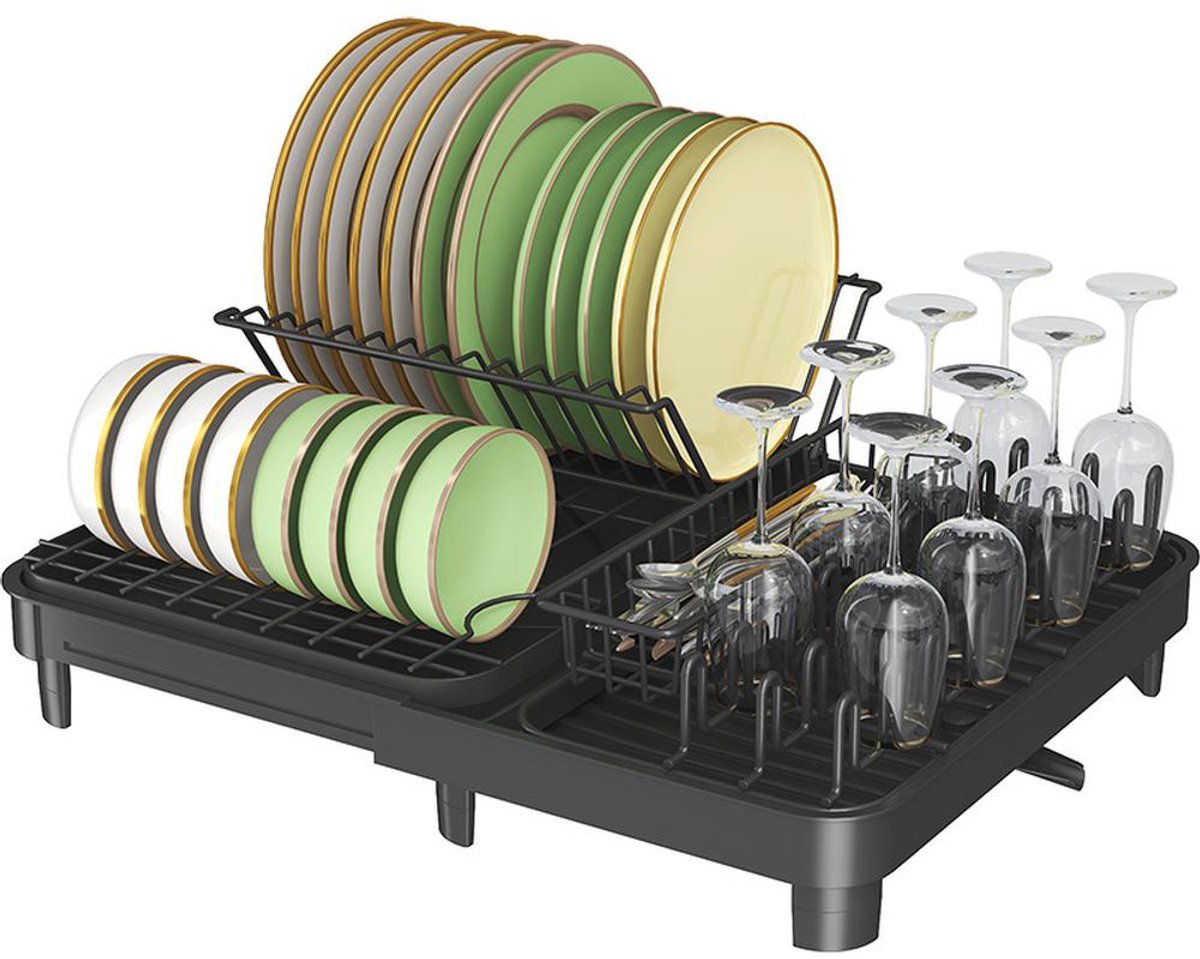 JAQZY Afdruiprek - Afwasrek met lekbak - Uitschuifbaar 32 tot 52 cm - Centrale Afvoeropening - Ruimte Besparend - Modern design