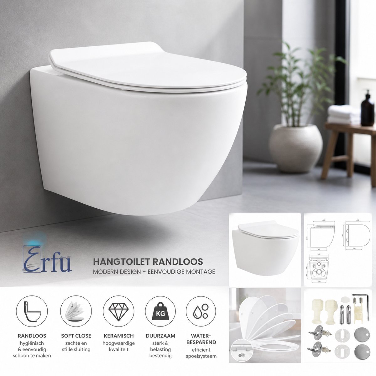 Hangtoilet Randloos – Spoelrandloos WC – Inclusief Soft Close WC Bril – Wandcloset Keramisch – Glanzend Wit – Eenvoudige Montage