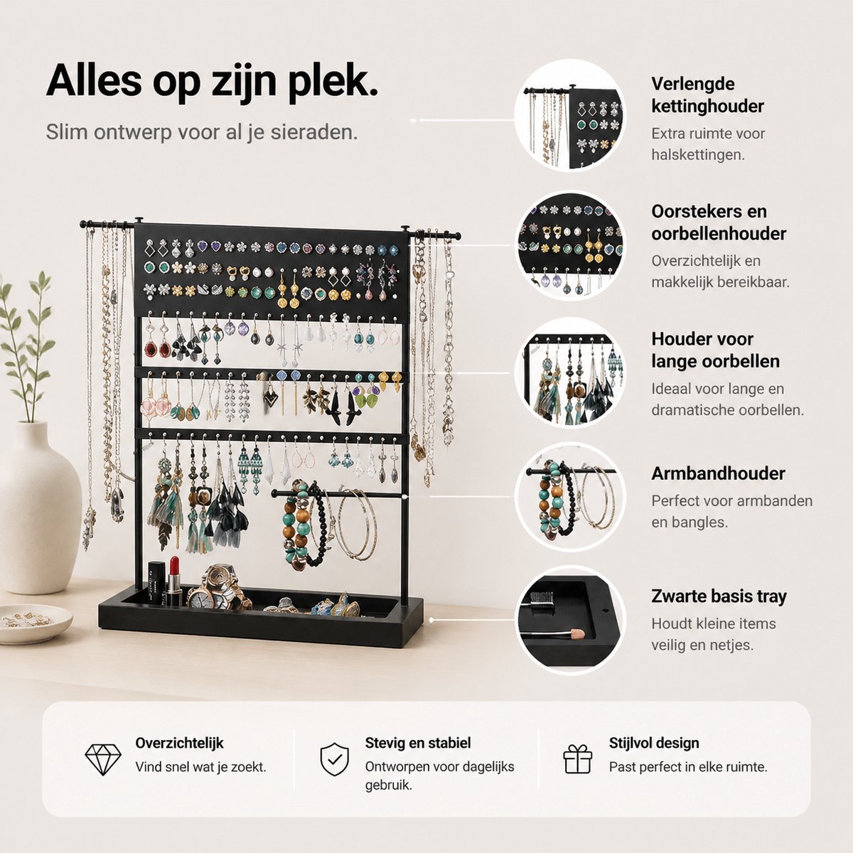 BOTC Sieradenhouder - Voor kettingen / armbanden / Oorbellen - Sieraden Organizer - Oorbellenrekje - Ketting houder - Zwart — cadeau in Wonen & Interieur - foto 5