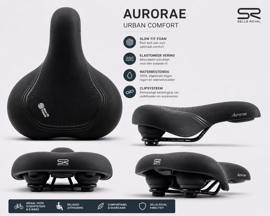 Vier afbeeldingen van het Selle Royal Aurorae fietszadel, zwart, met tekst in het Nederlands.