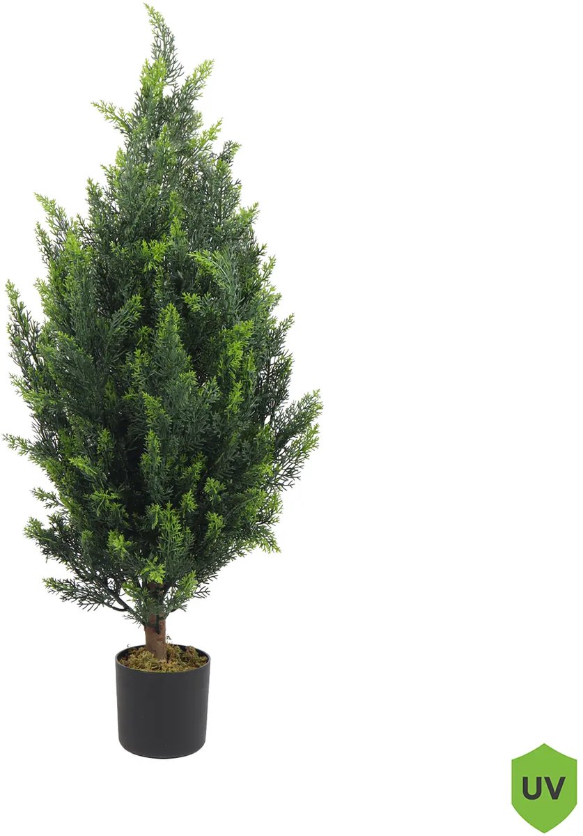 Kunstpalm Kunstplant Conifeer in pot | 90cm | UV Bestendige Kunstplant – Realistische Kunststruik voor buiten – Groene Haagplant in pot – Onderhoudsvrije kunstplant – Binnen & Buiten decoratie Donkergroen