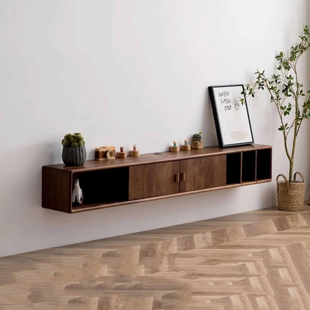 Wandgemonteerd TV Meubel 180x25x25 cm – Zwevend TV Kastje Walnoot Hout met Deuren en Open Vakken – Floating Media Console met Kabelmanagement – Modern Design – HomebyNicole