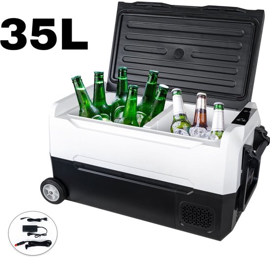 Puluomis Glacière Électrique - Compresseur - 35L - Deux Zones - 12V 230 Volts - Réfrigérateur de Camping - Voiture - Congélation et Réfrigération - Frigobox - Noir/blanc