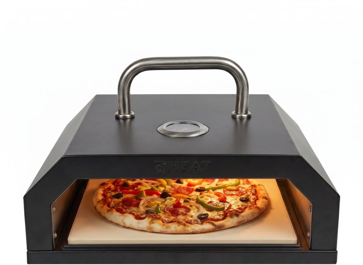 HEAT Eldhus Pizzaoven - Inclusief Pizzasteen & Thermometer - Geschikt voor Barbecue & Vuurschaal - Zwart - 35x45x12 cm