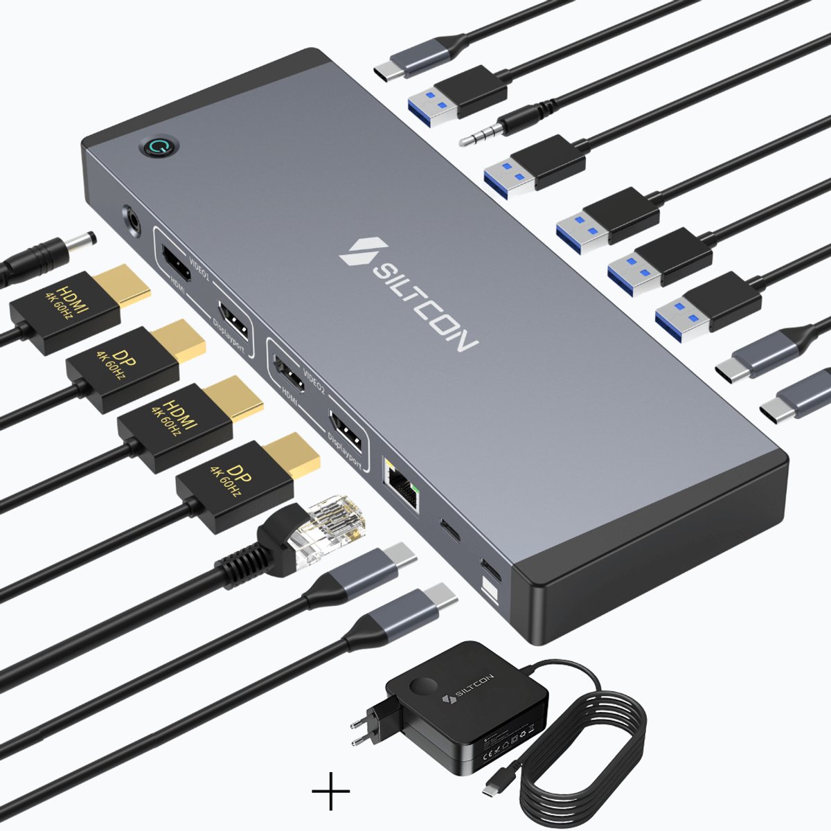 Siltcon® 17 in 1 - Hybrid Docking Station Laptop USB-C & USB-A – USB C Hub - 2x Display Link (DP) & 2x HDMI 4K 60Hz – 100W Thunderbolt 4 - RJ45 gigabit –5x USB-A 3.2 – 5x USB-C 3.2 - Plug & Play – Incl. 100W USB-C Adapter - MST Functie Mac