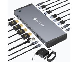 Siltcon® 17 in 1 – Hybrid Docking Station Laptop USB-C & USB-A – USB C Hub – 2x Display Link (DP) & 2x HDMI 4K 60Hz – 100W Thunderbolt 4 – RJ45 gigabit –5x USB-A 3.2 – 5x USB-C 3.2 – Plug & Play – Incl. 100W USB-C Adapter – MST Functie Mac