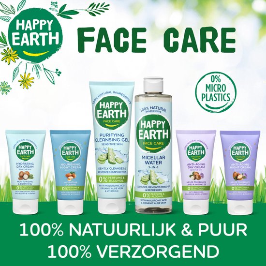 Drie tubes en twee potjes van Happy Earth gezichtsverzorging, met de tekst '100% natuurlijk en puur'.
