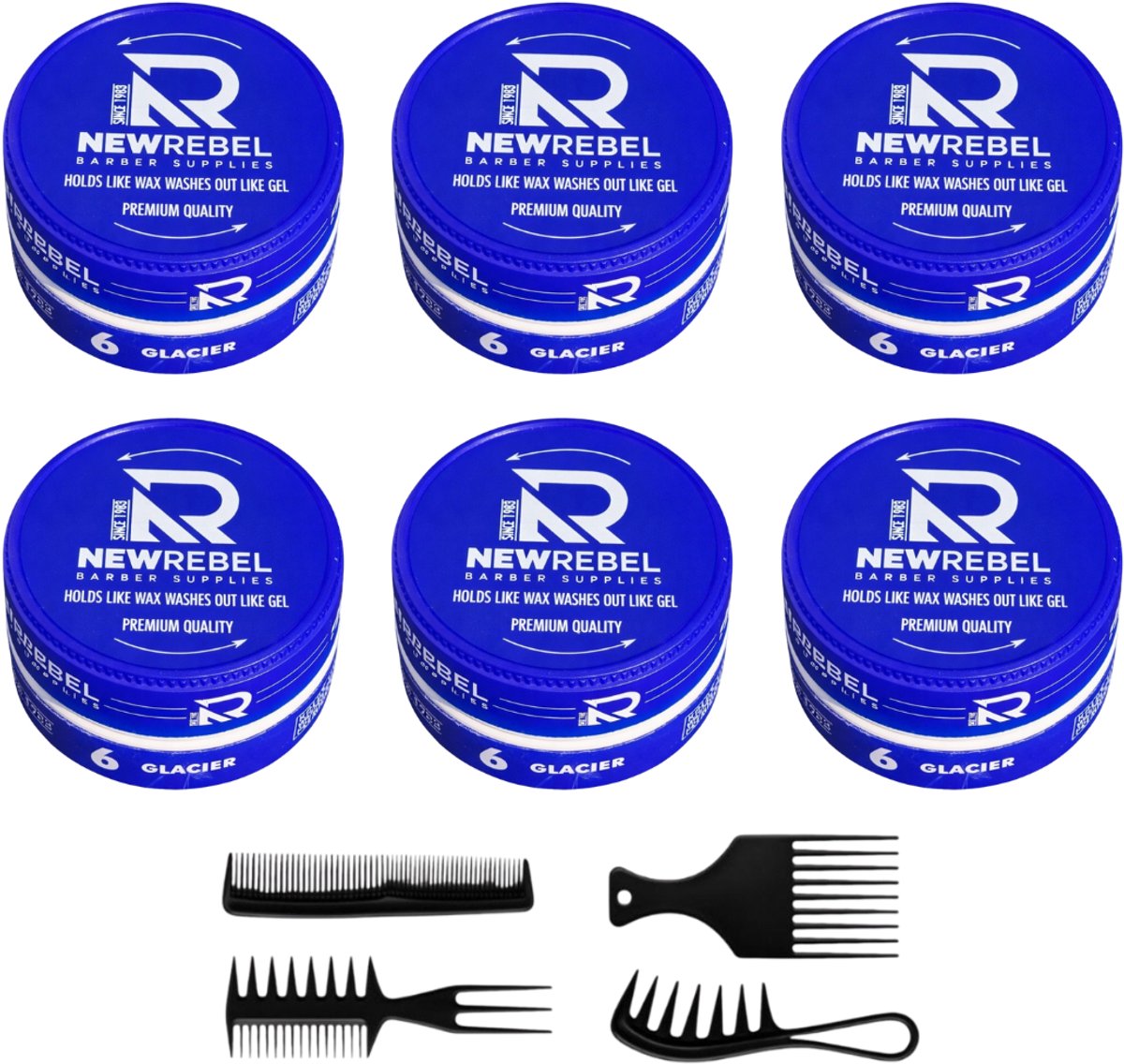 Newrebel 360 Waves Wax – Strong Hold Haarwax Pomade – Glacier Blauw – ( set van 6 ) + 4 styling kammen 900 ML