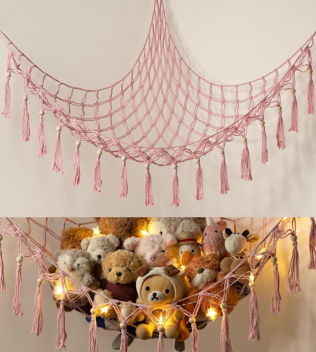 Knuffelnet - Speelgoed Hangmat - Opbergen Knuffels - Handgemaakt Macramé - 120 cm - roze