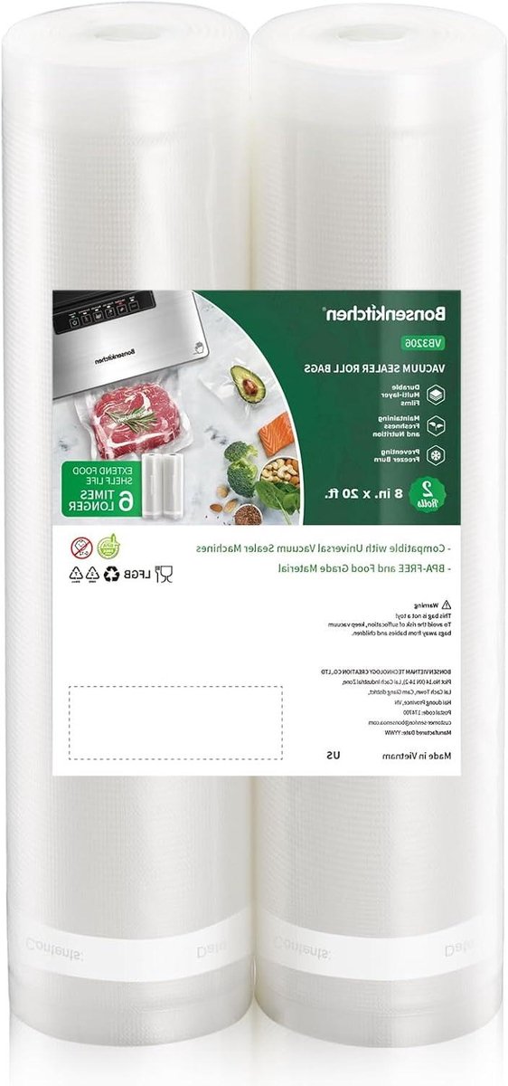 Vacuüm Sealer Rolls - Voedselzakken Opslag - Voedsel Vers Houden - BPA-vrij Duurzaam - 2x 8x20ft - Wit/Zwart