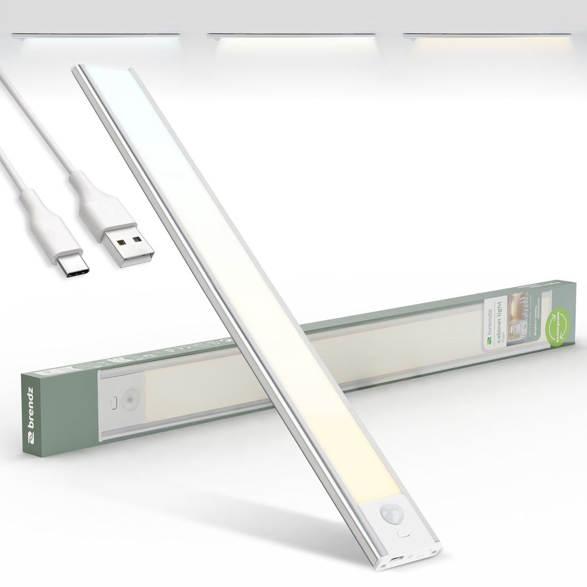 Brendz LED Kastverlichting met bewegingssensor, 40 cm, USB-C Oplaadbaar, Dimbaar, Magnetisch, 3 Kleurtemperaturen, Draadloos, Kastverlichting op Batterij, Zilver