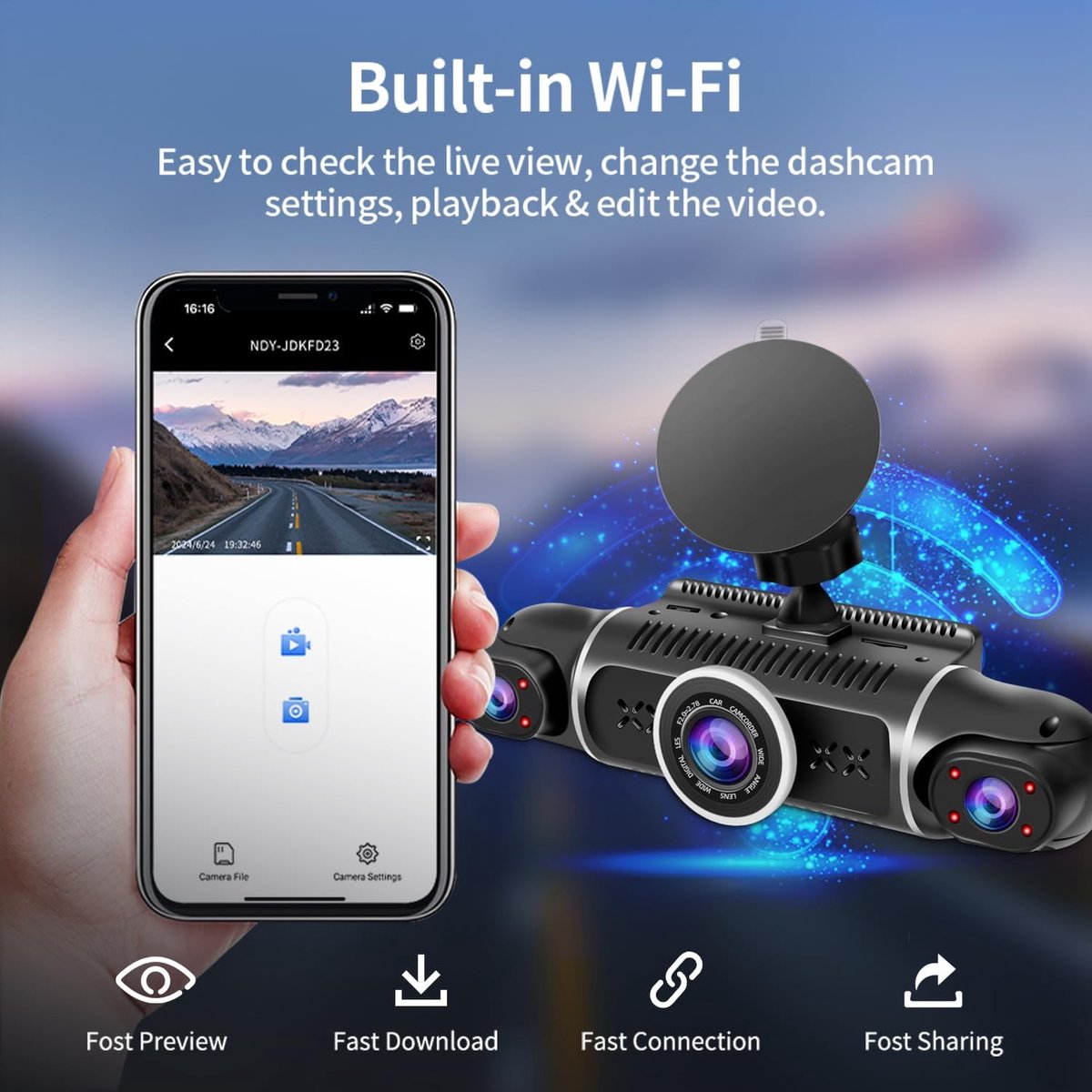 Dashcam - Dashcam voor auto - Dashcam voor auto voor en achter - 360° - 8 IR-lampen Nachtzicht - WiFi, GPS, G-sensor - 24/7 Parkeermodus – foto 3