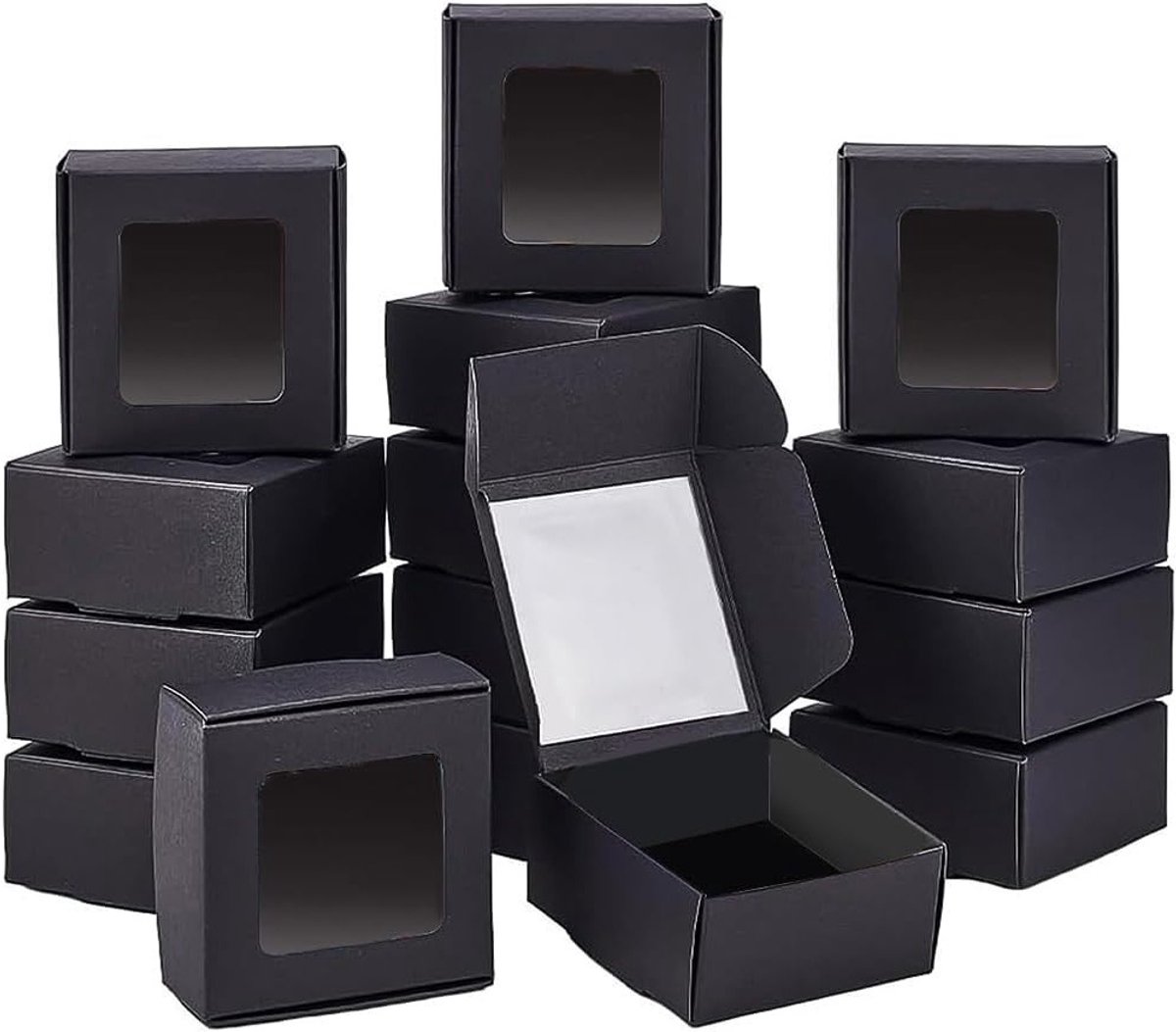 Set van 100 Zwarte Kraft Papieren Dozen met Doorzichtig Venster, 6.5 x 6.5 x 3 cm, Cadeauverpakking voor Verjaardagen, Bruiloften en Speciale Gelegenheden