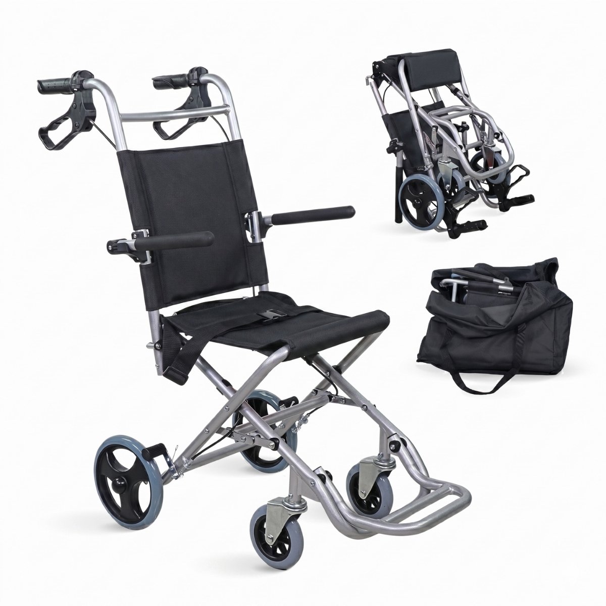 Mobiclinic Neptuno - Travel Rolstoel - Inklapbaar - Transit rolstoel - Lichtgewicht - Aluminium - Rolstoel - Zittingbreedte 34 cm - Veiligheidsgordel - Vouwbare voetsteunen en armsteunen - Zwart