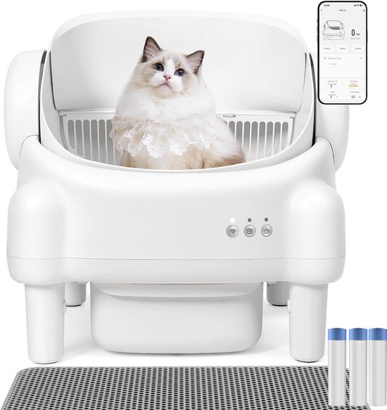 Zelfreinigende XXL kattenbak 76L elektrisch met app, open-top, geurgesloten 11L afvalbak, lekvrij, sensorveilig