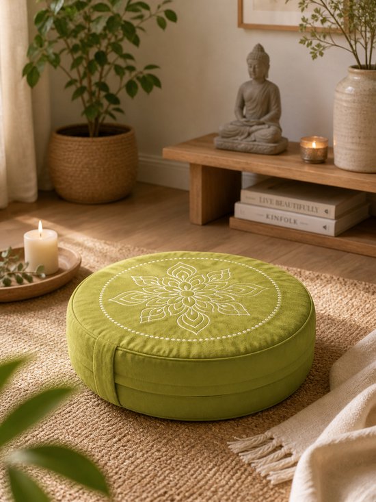 Sileya Meditatiekussen Olijgroen Fluweel - Yogakussen- Meditatie Kussen- Rond van Merkloos — afbeelding 2