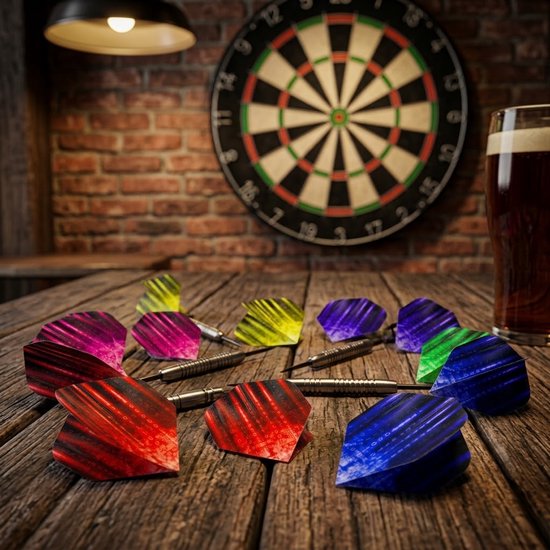Multikleur dart flights set standaard vorm - PET dart vlucht veren voor heren en dames - dart flights met gradient kleuren en digitaal patroon - set van 18 dart flights voor standaard dartpijlen van Merkloos — afbeelding 5