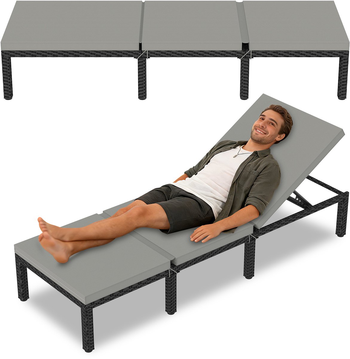 Soontrans - Ligbed Buiten - Ligstoel Met Kussen 5 Standen - Tuin Ligbed Afneembaar kussen - Loungebed 190x65x35cm - Metalen frame - Wicker Zwart - Inclusief kussen Grijs
