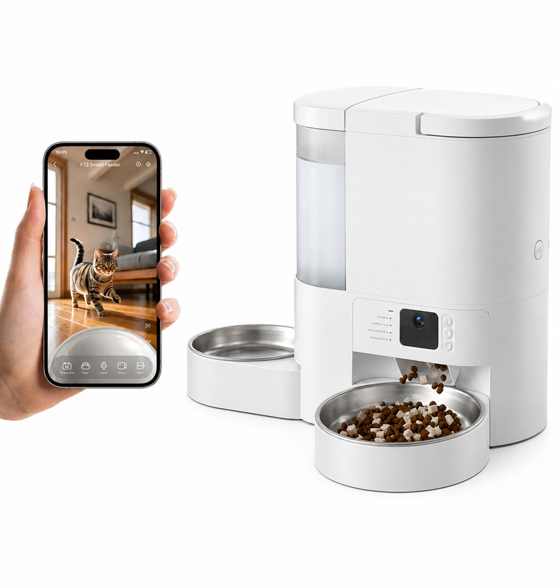 DierButler - 2-in-1 Automatische Voerbak Kat & Kleine Hond - Met HD-Camera - App & Wifi - Two-Way Audio - Voerschema Instellen - Slim design