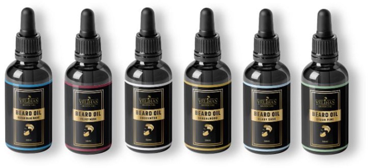 Velihan Beardcare - Baardolie Sample Box - 6 verschillende Baardoliën - Baardparfum - Baardolie voor baardgroei - Baard olie - Baard verzorging - Baardolie korte Baard - Baardolie lange Baard
