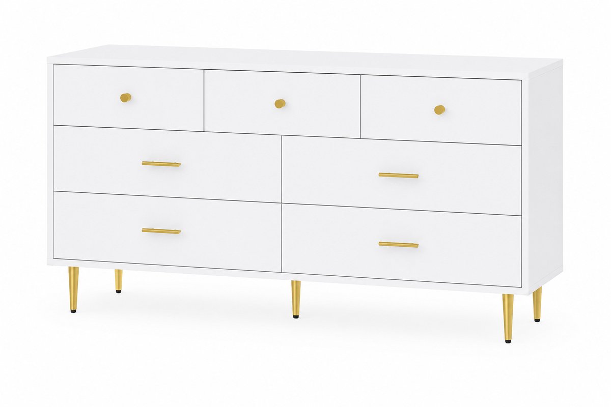 CINK Living® Luxe Ladekast met 7 Lades - Wit Dressoir met Gouden Handgrepen en Metalen Poten - Moderne Opbergkast voor Woonkamer, Slaapkamer of Hal
