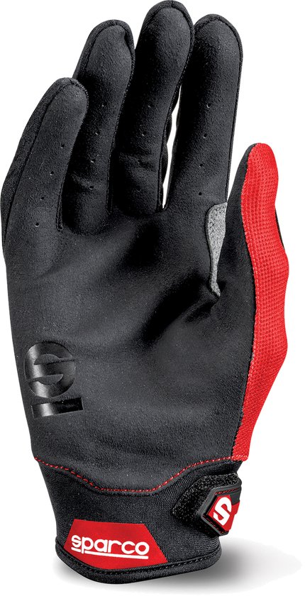 Zwarte Sparco racehandschoen met rode accenten, zwarte "10" opdruk en rode stiksels.