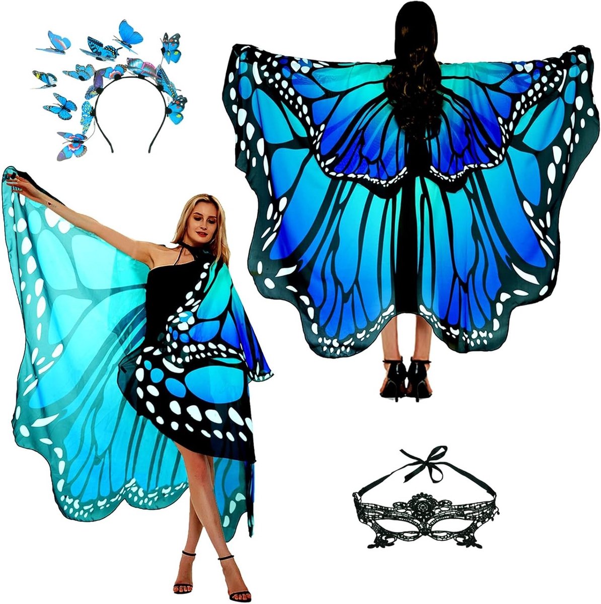 Vrouwelijk Vlinder Kostuum met Twee-laagse Vleugels, Carnaval Outfit en Accessoires voor Feestjes