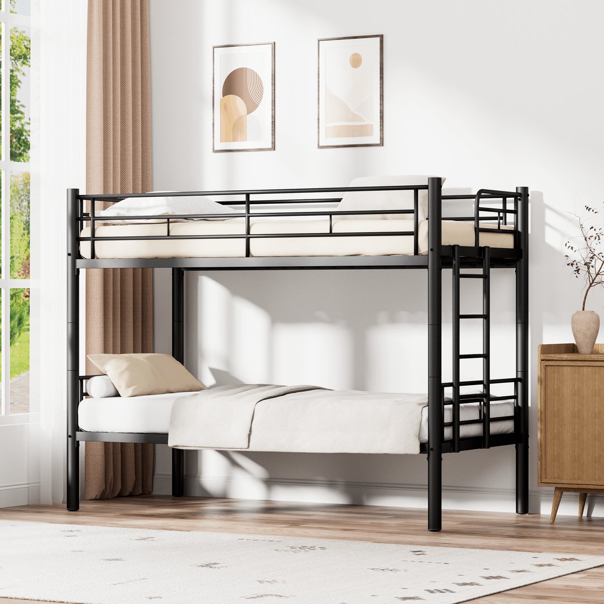 KOMHTOM Stapelbed voor kinderen - 90 x 200 cm - Bunk Bed Kids - met veiligheidshek - om te bouwen tot 2 eenpersoonsbedden - met lattenbodem - antislip trap - zwart