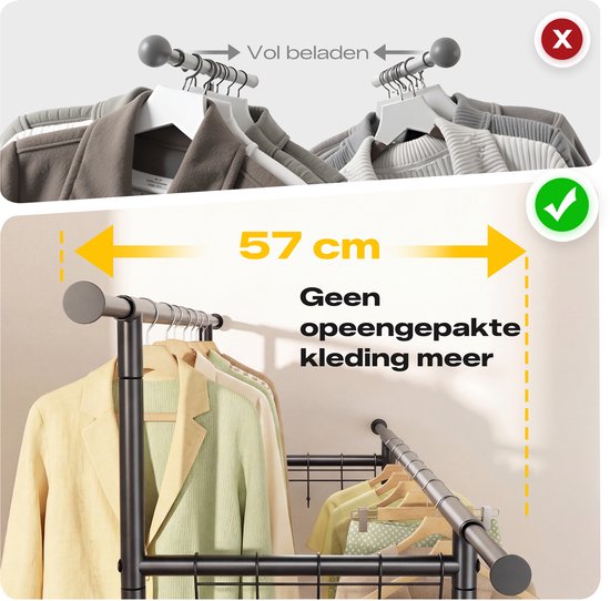 Kledingrek met niet-opeengepakte kleding op 57 cm brede stangen. Vergelijking met opeengepakte kleding.
