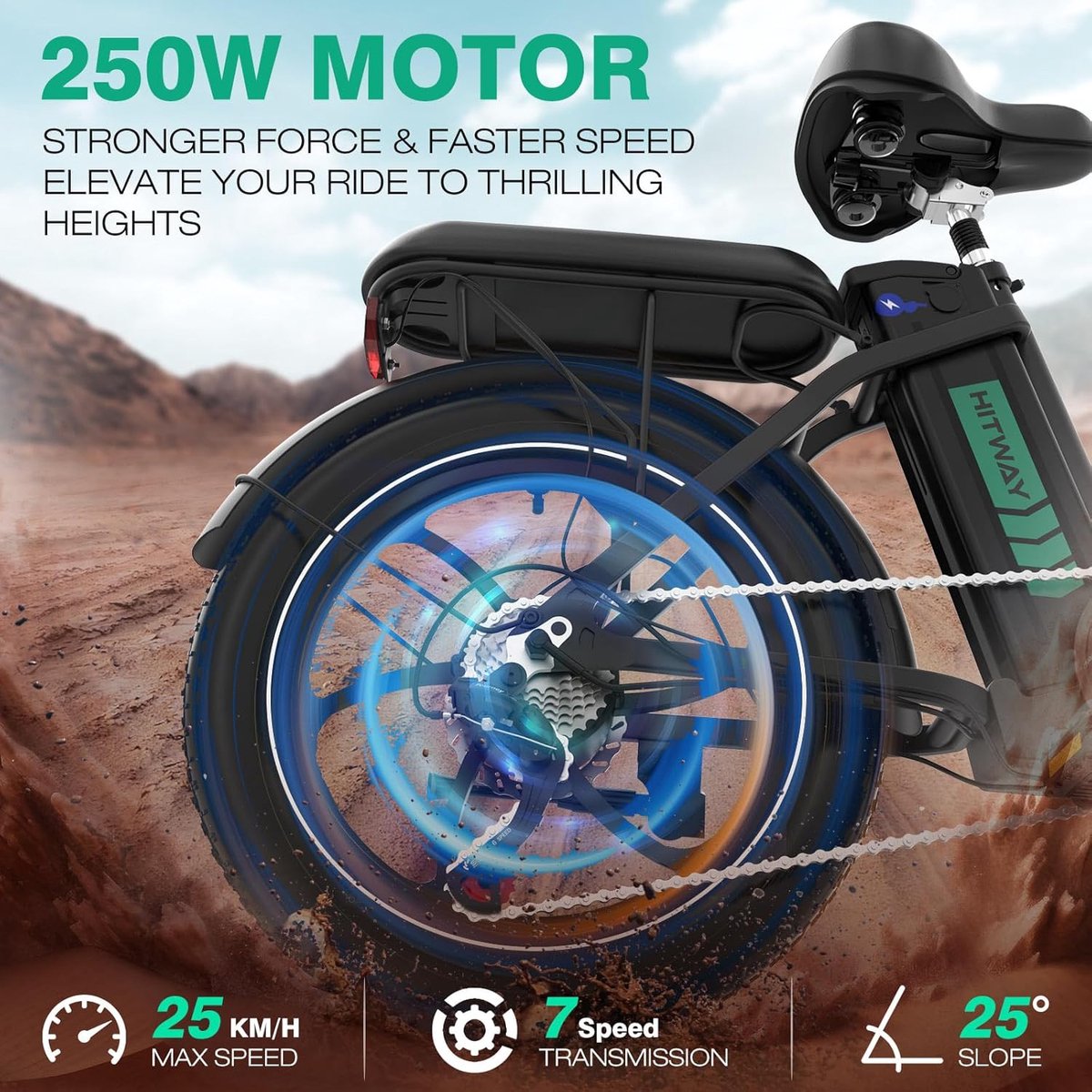 Hitway Elektrische Fiets BK6SL - 20*3.0 Inch Fat Tire City Commuter EBike met Afneembare 36V 13Ah Lithium Batterij - Opvouwbaar Mountain E-Bike met 250W Motor – foto 4