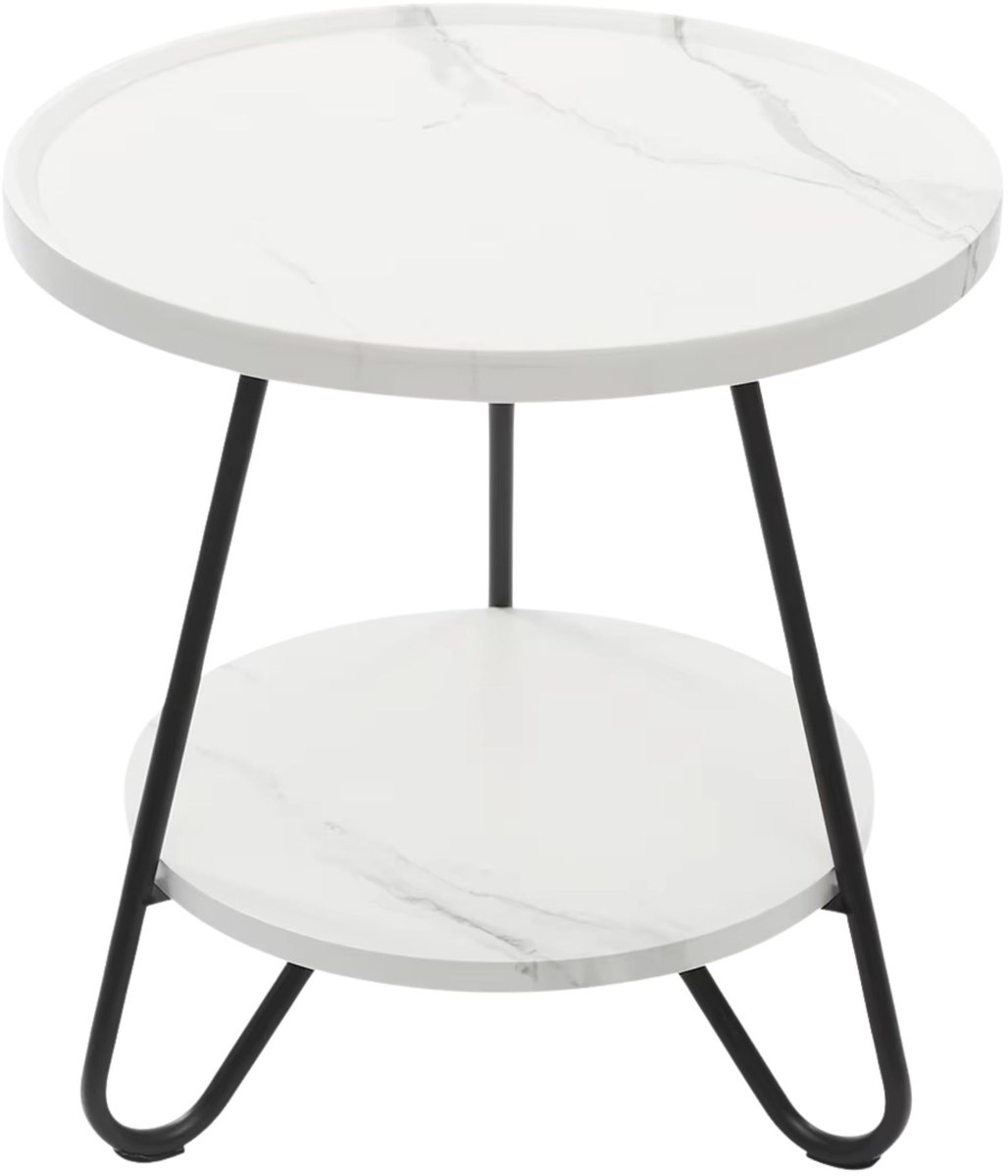 Happiq Ronde bijzettafel met 2 niveaus – Voor woonkamer, kantoor, café en theerestaurant – 2-laags opbergruimte, stabiele steunpoten, compact ontwerp – hout, wit White