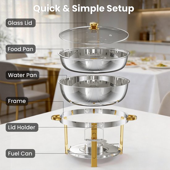 WARMOUNTS Chafing Dish Set 2-delig Goud 7,6L Roestvrijstalen Buffet Warmhouders Rond met Glazen Deksel voor Feest, Bruiloft en Catering — afbeelding 5